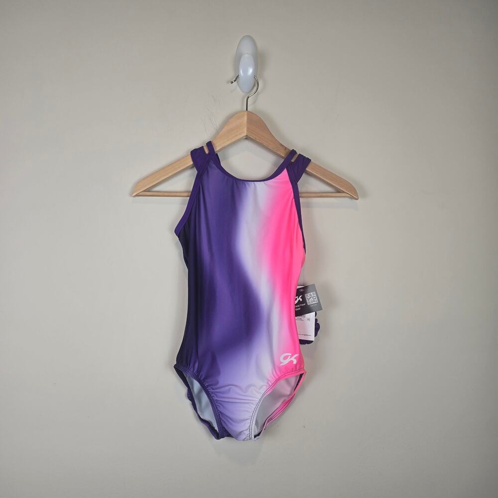 GK Elite Adult Size M AM Painted Sky Tank Leotard Purple Pink Ombre Scrunchie